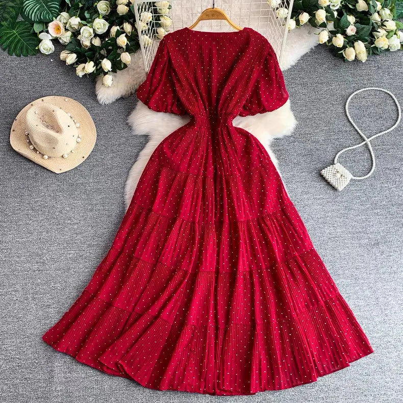 Summer Polka Dot Woman Elegant Dress Fashion V Neck Puff Sleeve Vestidos Korean A-Line Pleated Dresses 2026 Vestidos De Mujer