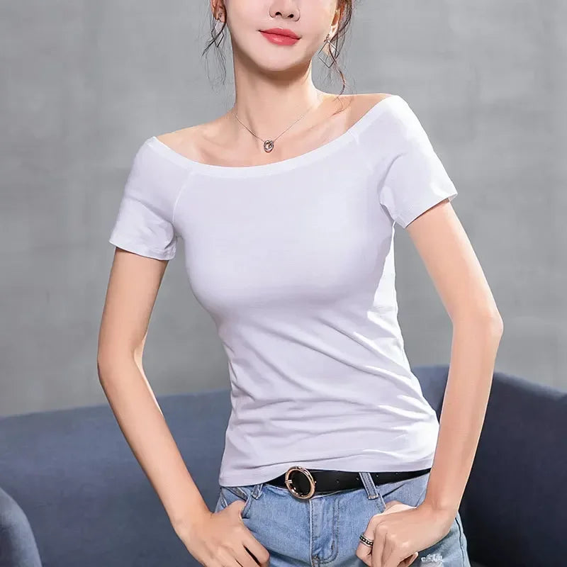 MRMT 2026 Brand New Women's T Shirt Cotton Slim Fit Short Sleeve T-Shirt For Female Off Shoulder Tops One Line Neck Tshirt