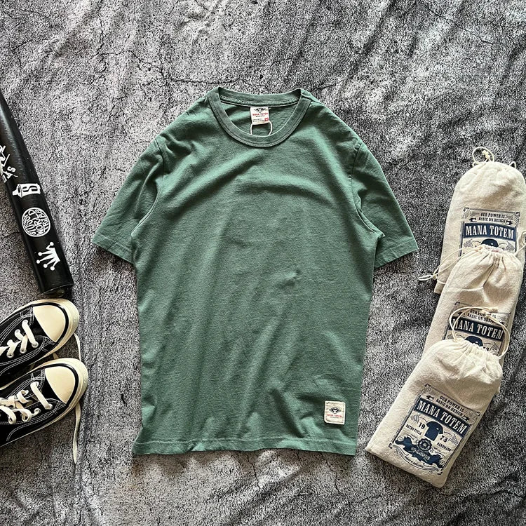 Tough Guy American Vintage Solid Color Round Neck Versatile Basic Commuter 100% Cotton Short Sleeve T-Shirt Men Tees Tops