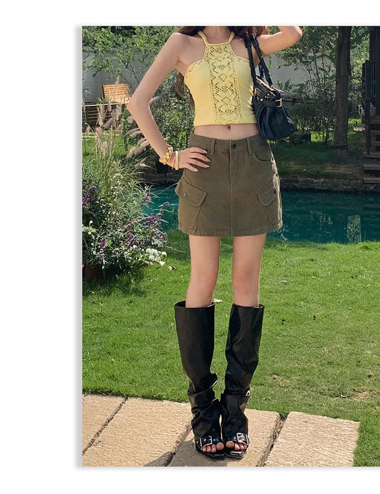 High Waist A-Line Mini Skirt Denim Skirt Women's Multi-Pocket Anti-Light Workwear Half Skirt Street Style Casual Wear