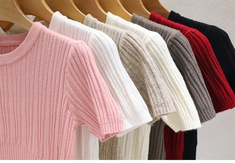 Korean Knit Crop Tee | Women's Casual Solid Basic Top