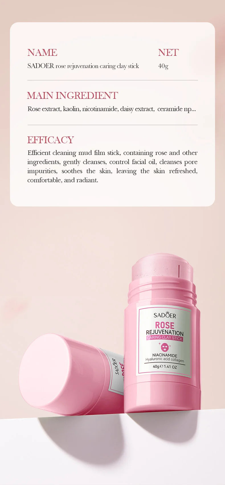SADOER Green Tea Rose Mud Face Mask Stick Clay Facial Masks Moisturizing Remove Blackhead Anti-aging Facial Cleansing Mud Masks