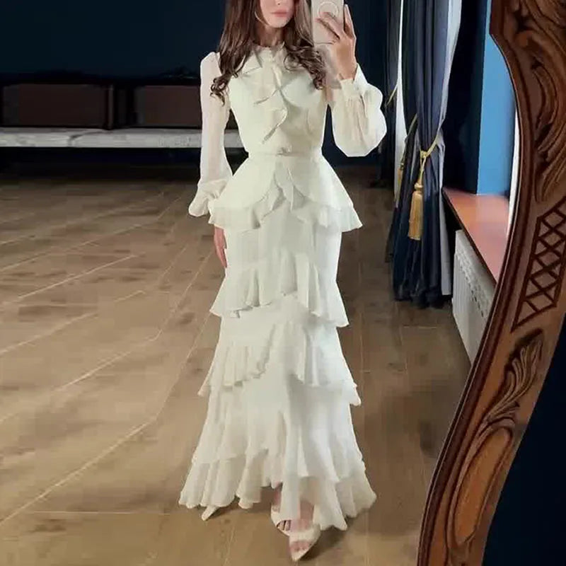 Casual Solid Chiffon Irregular Maxi Dresses Fashion Long Sleeve Women's Autumn Dress Elegant O Neck Layered Ruffle Evening Dress