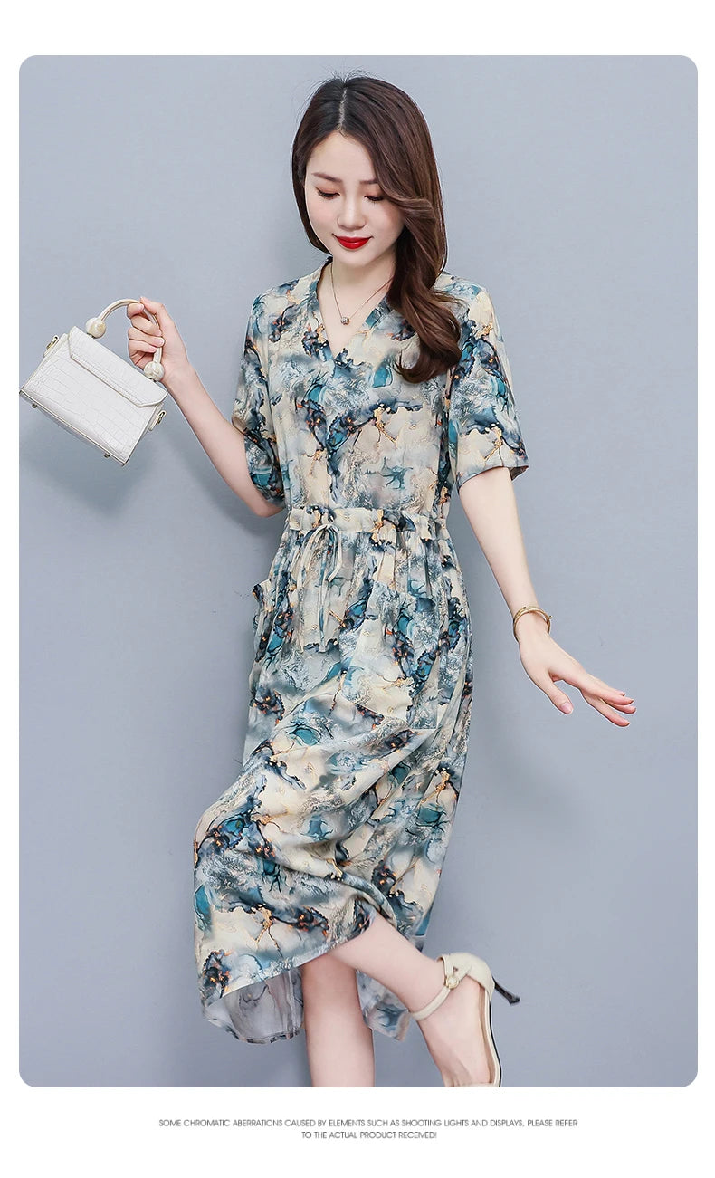 New Fashion 2025 Summer dresses For Women V-Neck Plus Size Woman Cothing Loose Short Sleeve Women Print Dresses
