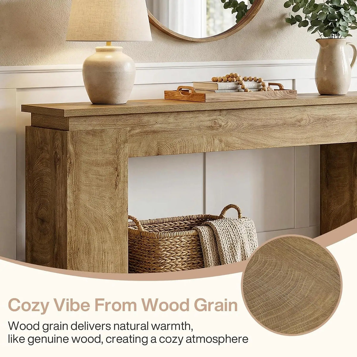 63-Inch Console Sofa Table, Farmhouse Rustic Entryway Table with Open Storage for Living Room & Hallway, Natural Oak, Customized