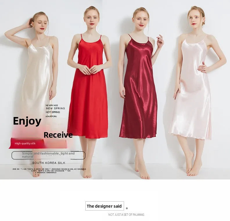 Summer Women Solid Plus Size Ice Silk Sexy Long Spaghetti Strap Nightgown Side Slit Close Fitting Sleep Dress Lingerie Sleepwear