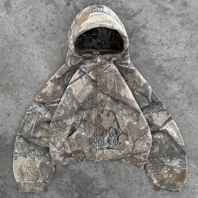 America Retro Zip up Hoodie Men Camouflage Pattern zipper Sweatshirt High Street Hip HopStreetwear Oversized Unisex Camo Hoodie