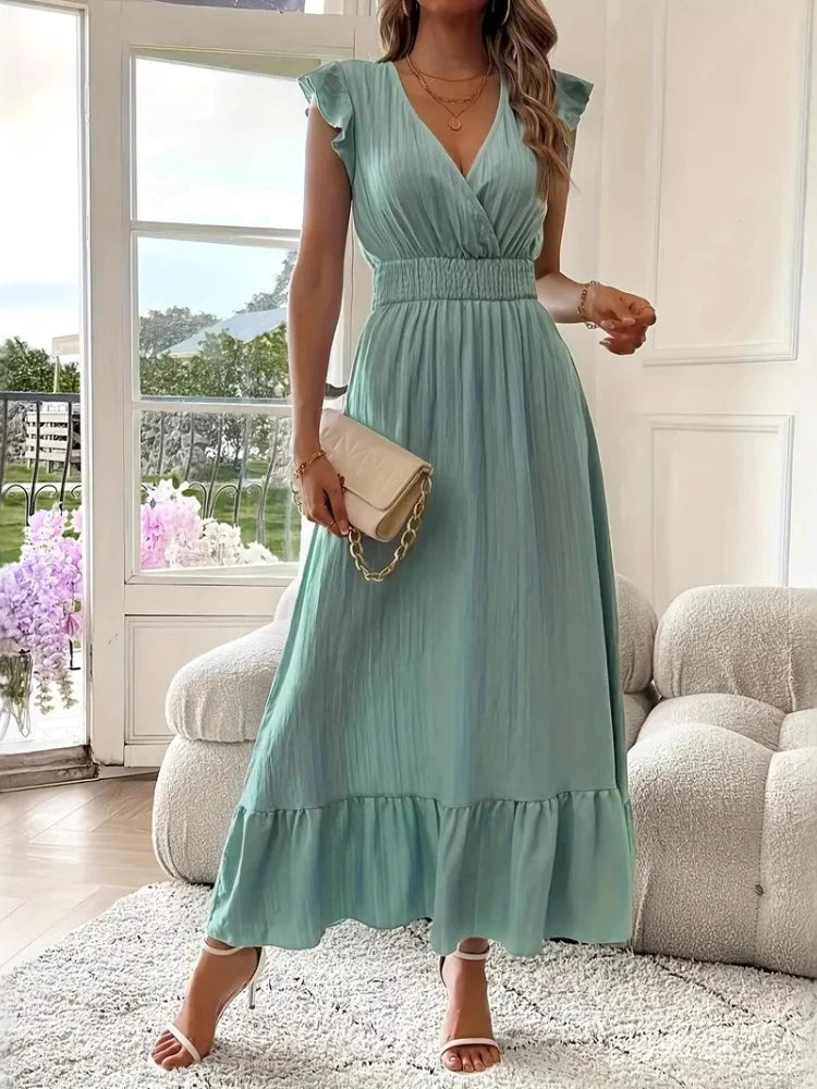 New in Summer Women 's Long Dresses V Neck Solid Color Elastic Waist Gown Office Lady Ruffles Wrinkle Design Casual A Line Dress
