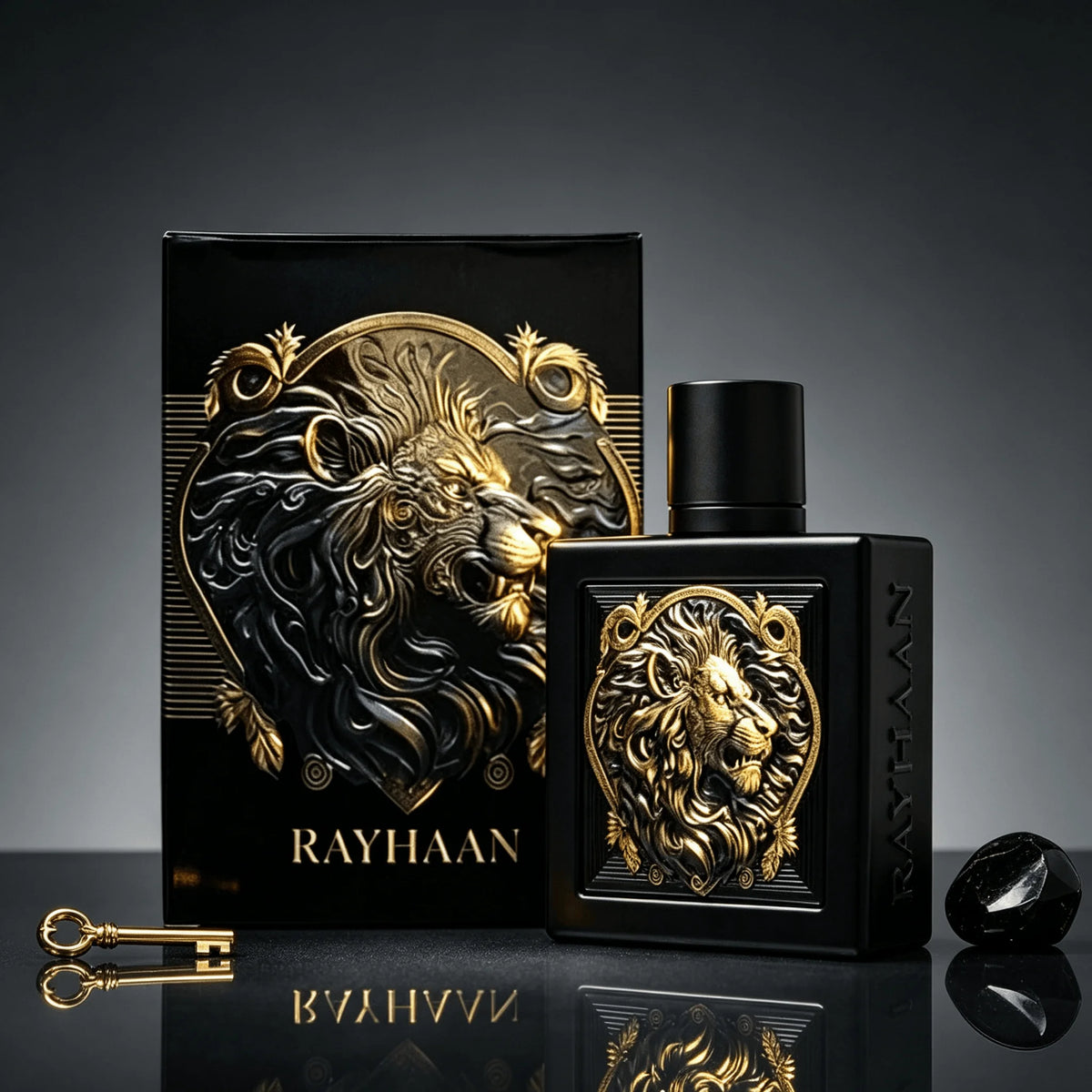 Rayhaan Lion Men Perfume Bold Oriental Woody Fragrance Matte Black Glass Bottle Detachable Gold Lion Cap Masculine Daily Cologne Spray for Him