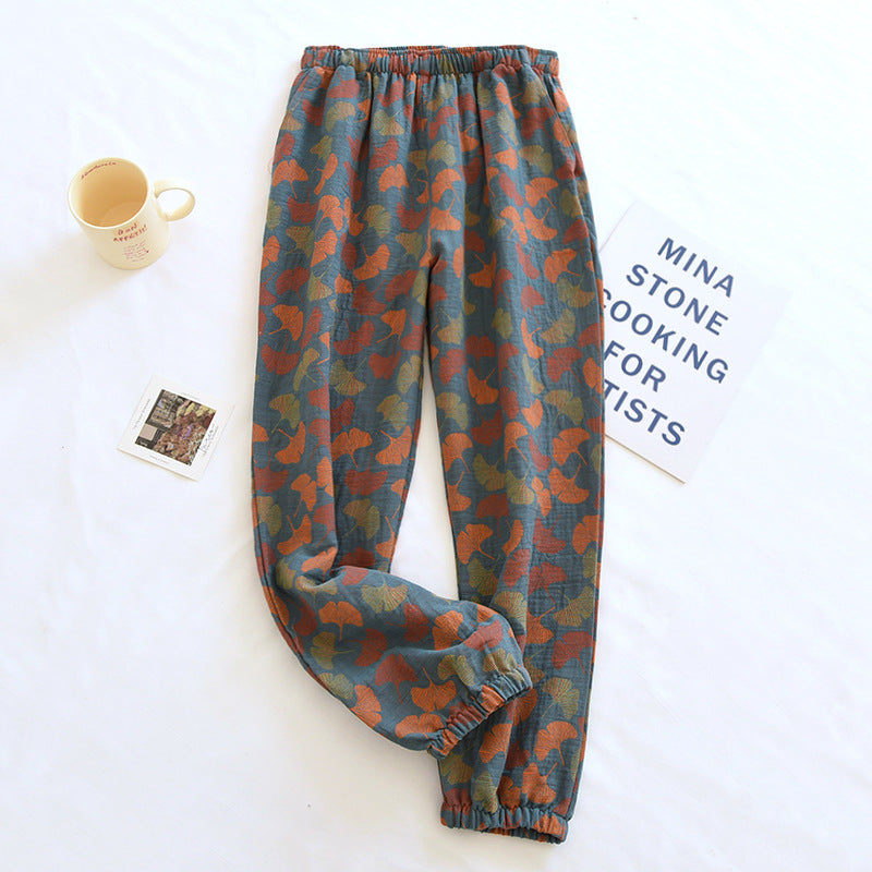 2026 New Spring Summer Women's Pajamas 100% Cotton Crepe Pants Women's Comfortable Loose Large Leaf Home Pants Thin Bottoms