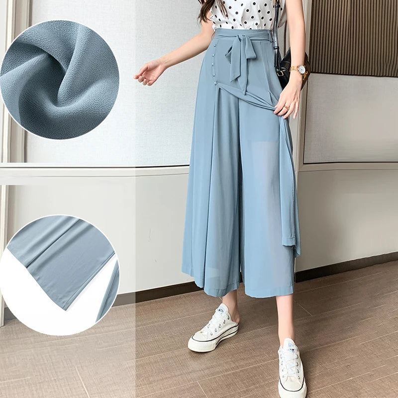 Summer Elastic Pleated Skirt Women Chiffon Trouser Skirt High Waist Casual Wide Leg Pants Fashion Streetwear Pants Pantalones