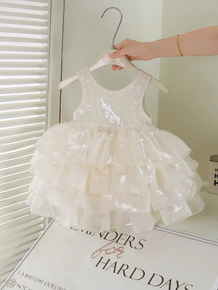 Girls Dress Temperament Princess Dress Sleeveless 2026 Summer New Girls Sequin Sweet Bow Puff Mesh Dress