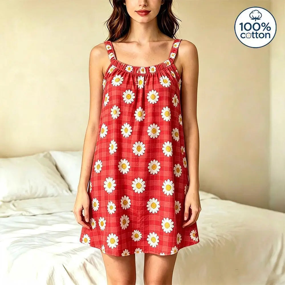100% Cotton Women's Sleeveless Slip Nightgown Sweet Daisy Plaid Print Loose Summer Sleep Dress Ladies Casual Homewear Pajamas