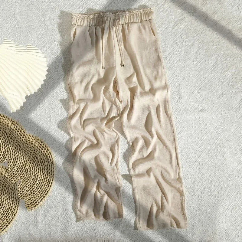 High Quality Wide Leg Pants Women Vintage Drawstring High Waist Satin Silk Pants Woman Casual Loose Straight Trousers