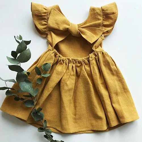 Kids Tales Essentials Baby Girls Dress Flying Sleeve Ruffles Cotton Backless Linen Newborn Infant Princess Dress Party Dresses