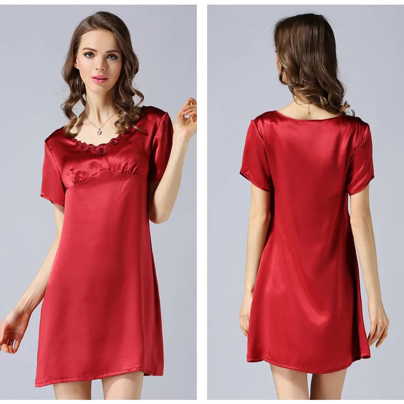 Women's 2023 Spring/Autumn Silk Pajamas 100%Natural Mulberry Silk Short Sleeved Nightdress Noble Silk Home Clothes Pajamas
