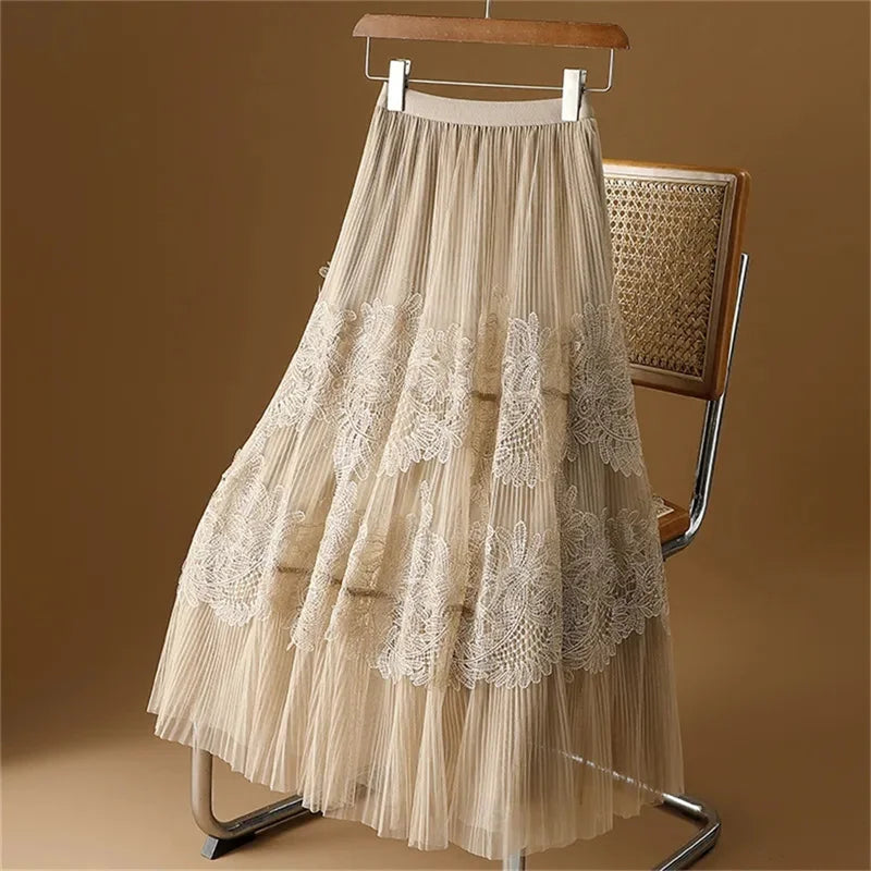 Woman Mesh Long Midi Cake Skirt Solid Color Elegant French Tiered Fairy Tulle Skirts Khaki Casual High Waist Faldas