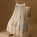 Woman Mesh Long Midi Cake Skirt Solid Color Elegant French Tiered Fairy Tulle Skirts Khaki Casual High Waist Faldas