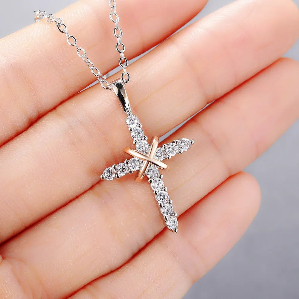 Cross Pendant Necklace For Women'S Iced Out Crystal Silver Plated Chain Collar Choker Necklace Christmas Jewelry Fashion N456