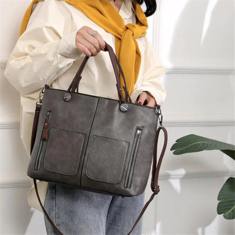 Retro Leather Handbag Shoulder Bag for Women with Double Pocket, Large Capacity, Vintage Lady's Tote Bag, Simple Crossbody Bags
