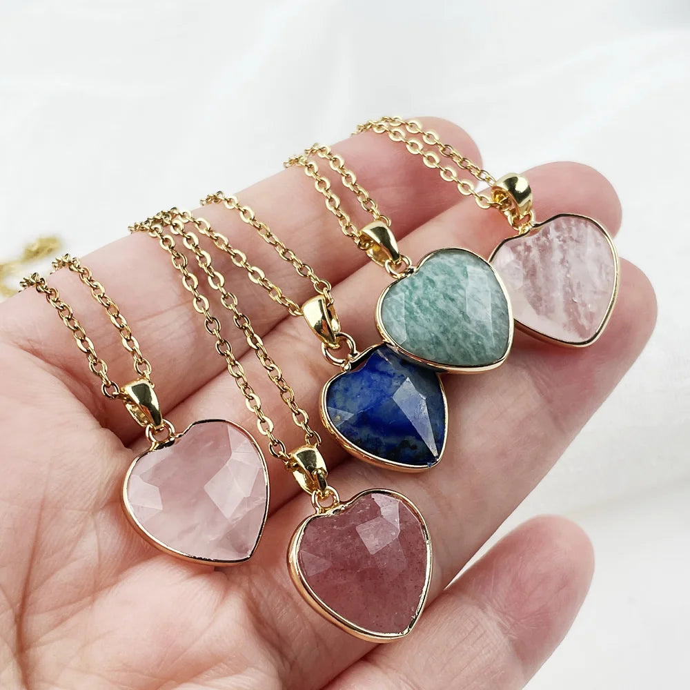 Natural Crystal Stone Heart Shaped Pendant Necklace For Women'S Stainless Steel Chain Strawberry Quartz Pendulum Choker Jewelry