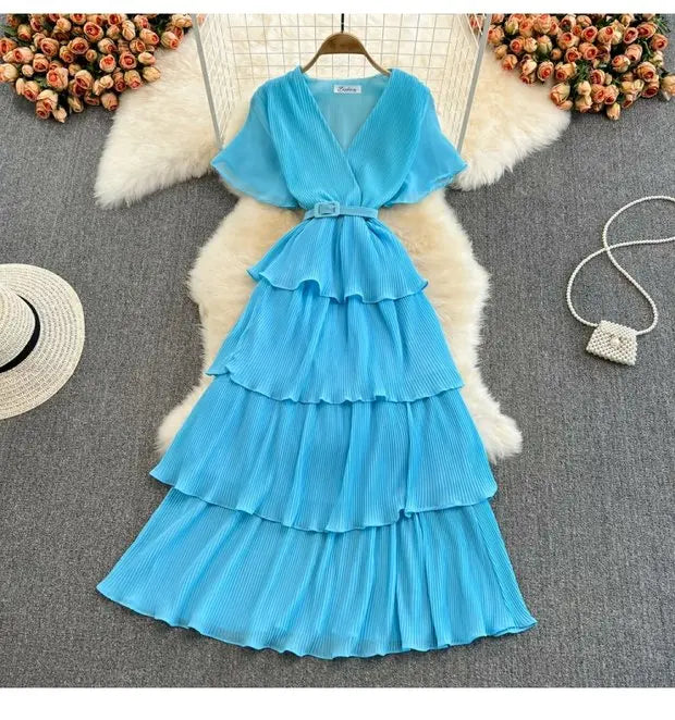 Beach Vaion Vintage Women's V-ne High-waist Cake Dr Ele Aosphere Maxi Skirt Loose Fit ort Sve Ci Commute