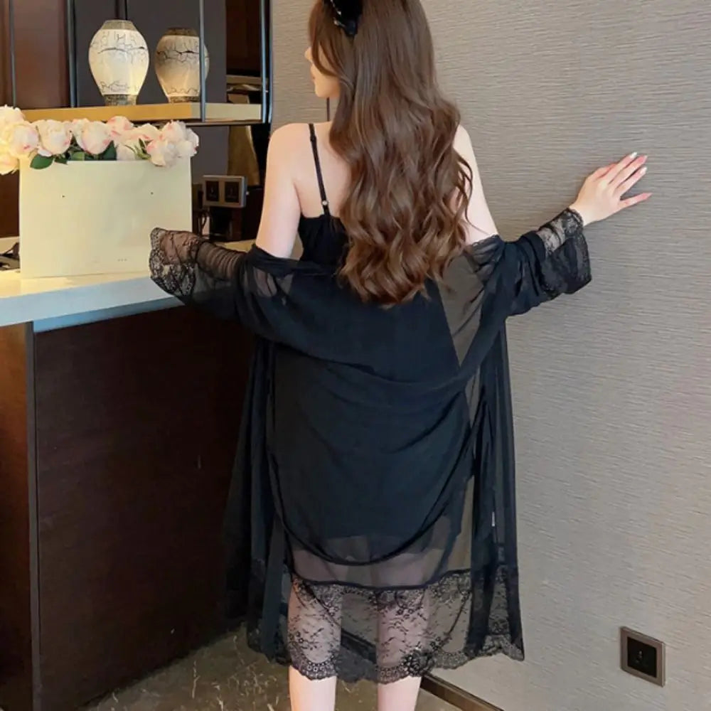 Lace Bowknot Women Pajama Dress Nightgown Sleeveless Ruffle Suspender Nightdress Set Homewear Sleepwear