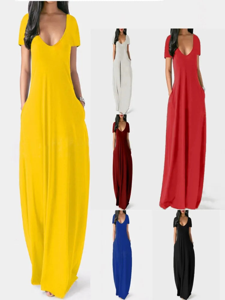 European and American Spring and Summer Women's Solid Color Dress Sexy Deep V Short-Sleeved Long Skirt