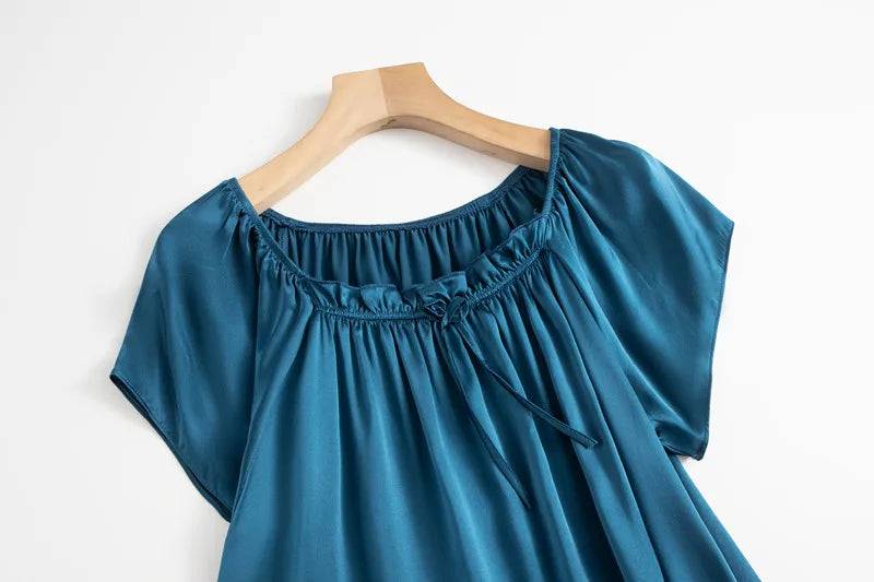 Women's Summer Casual Clothing 100% Natural Mulberry Silk Plain Satin Loose Short Sleeved Solid Color Princess Nightdress