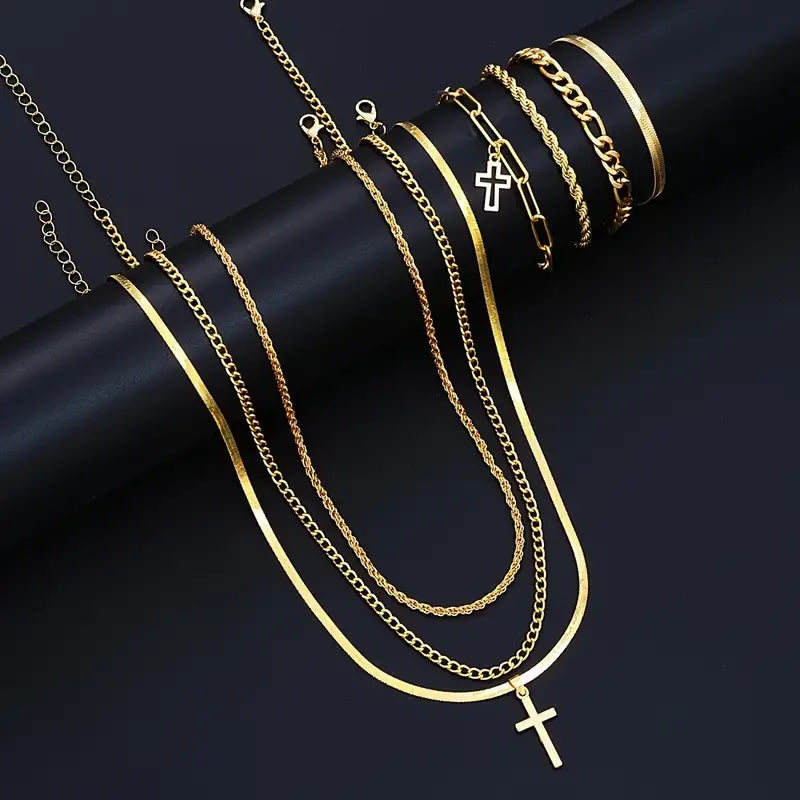 7-Piece Elegant Stainless Steel Minimalist Cross Pendant Jewelry Set For Men Chain Necklace Bracelet Jewelry For Everyday Wear