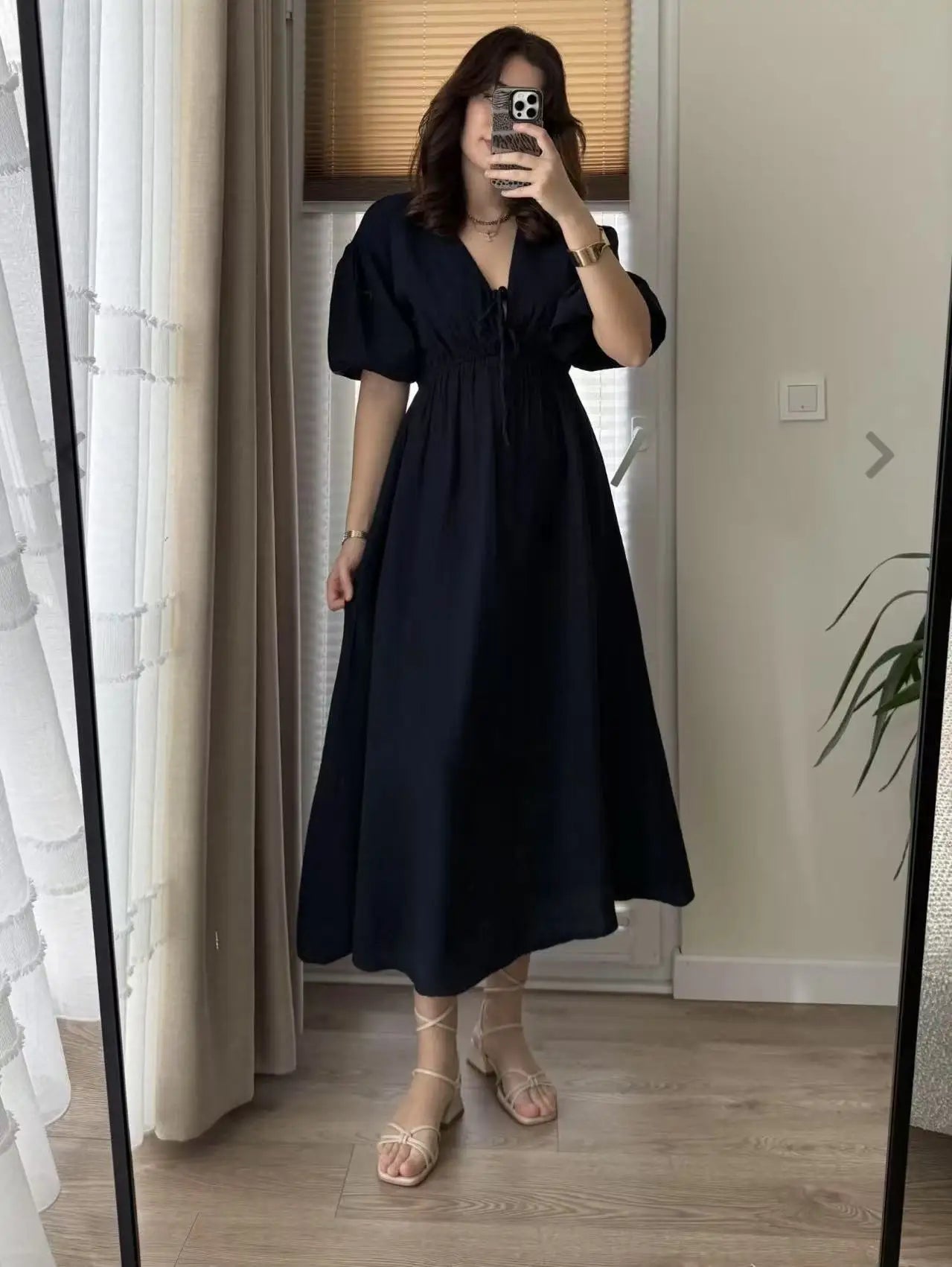 Dress Women Dresses A Line Puff Sleeve Vestidos V Neck Elastic Waist Elegant Mid Length Solid Y2k Streetwear Work Lace Up Summer