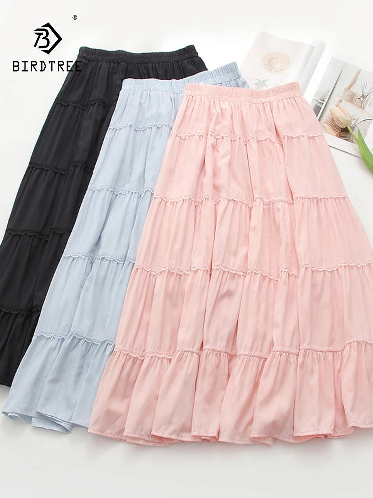 New 2026 Summer Women Cotton Skirt, Elastic Waist Ruffles Patchwork, Mori Girl Fashion Sweet OL Chic Loose Cake Skirt B63026CC
