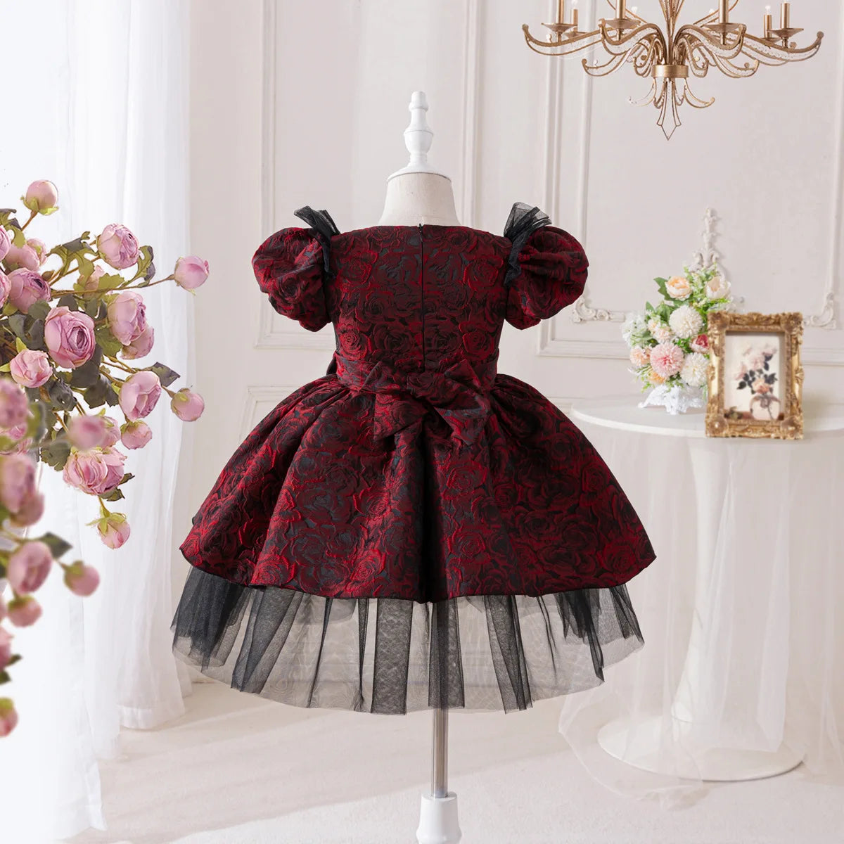 HETISO Rose Floral Kids Girls Party Dresses Elegant Princess Tulle Children Ball Gown for Christmas Wedding Birthday