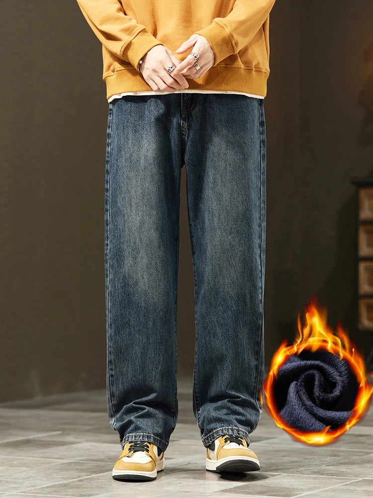 Men's Fleece Lined Jeans - Loose Straight Fit Winter Denim Pants
