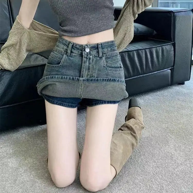 American Retro High Waist Denim Mini Skirt Women's Slimming Sexy Letter Print Half Body Skirt Casual Cotton Blend Fabric