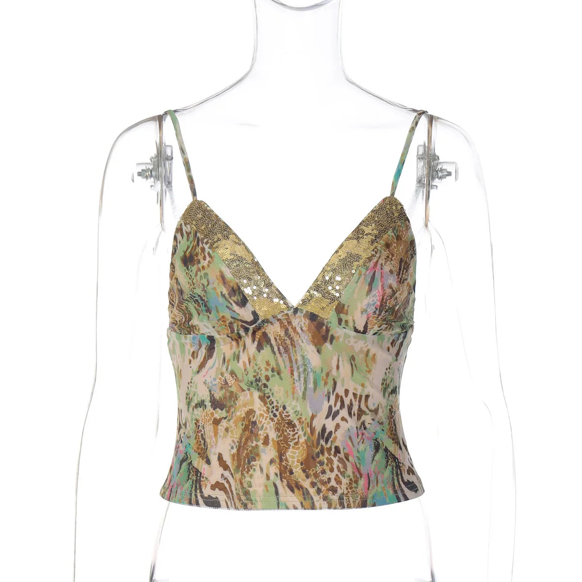 Avrilyaan Sequin Patchwork Deep V Printed Crop Top Women Slim Summer Street Party Top