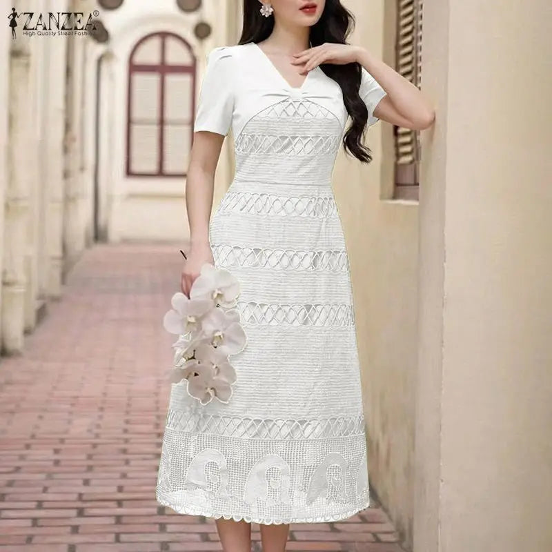 Stylish Women Lace Patchwork Dresses ZANZEA 2026 Summer Sundress Elegant V Neck Party Dress Short Sleeve Embroidered Work Robes