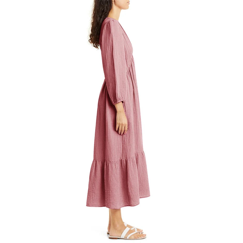 Muslin 100% Cotton Long Sleeve Dresses For Women Sexy V-Neck Solid Women'S Elegant Loose Dresses Chic Maxi Birthday Party Dress
