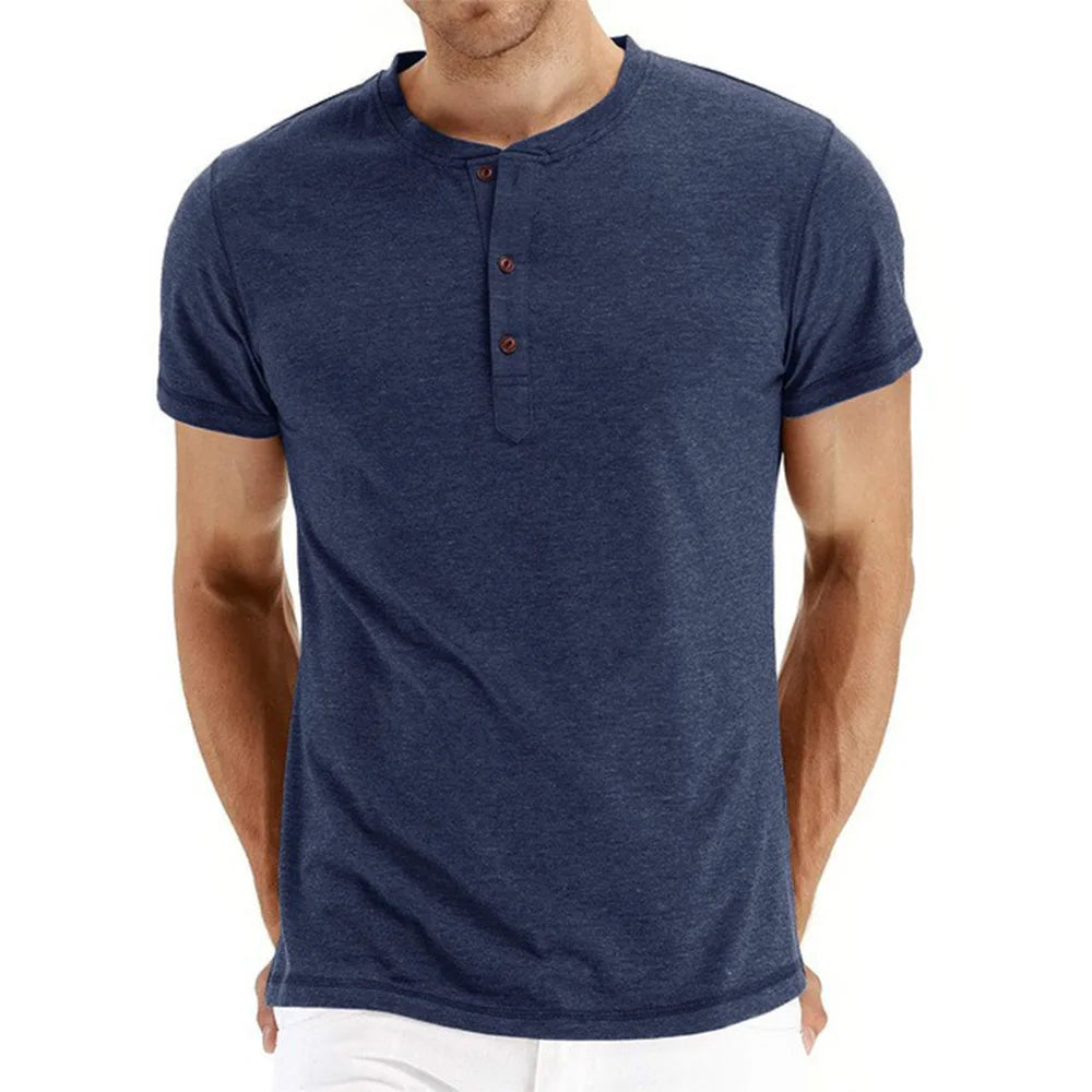 Mens Cotton T Shirt Henley Neck Slim Fit Solid Short Sleeve Premium Quality For Men