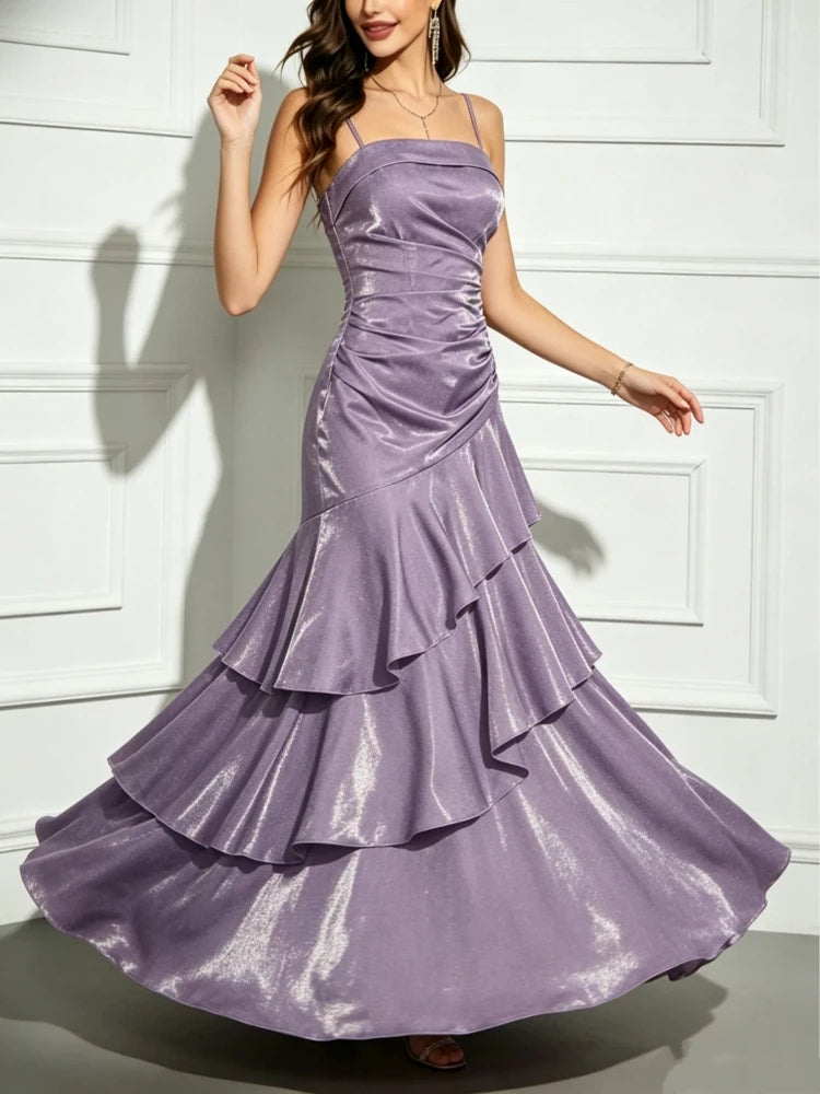Elegant French Spaghetti Strap Maxi Evening Party Dress Women Slim Fit Ruffle Hem Party Prom Dresses Banquet Gown Wedding Guest