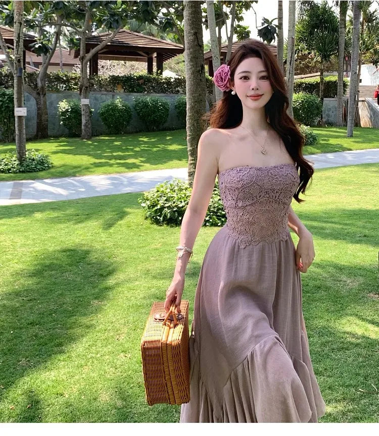 Slimming Dry Rose Splicing Tube Top Beach Dress Women's Style Long A-Line Skirt High Waist No Sleeve Shoulderless Polyester