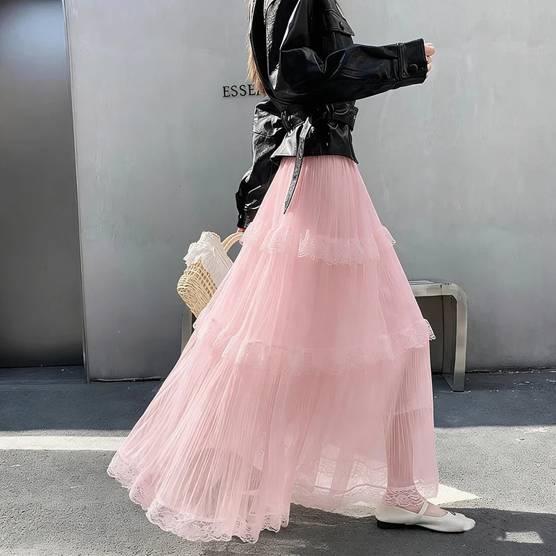Retro Sweet White Long Skirt Women Casual Loose High Waist Elegant Skirt Vintage Lace Patchwork Korean Summer Long Skirts