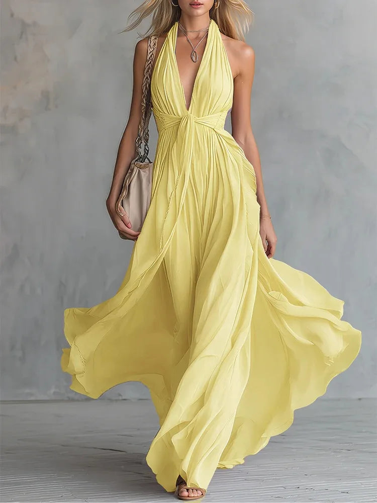 Elegant V-Neck Sleeveless Waist-Cinched Long Dress Summer New Style Pure Color Holiday Vibes Cross-Border Polyester Maxi Dress
