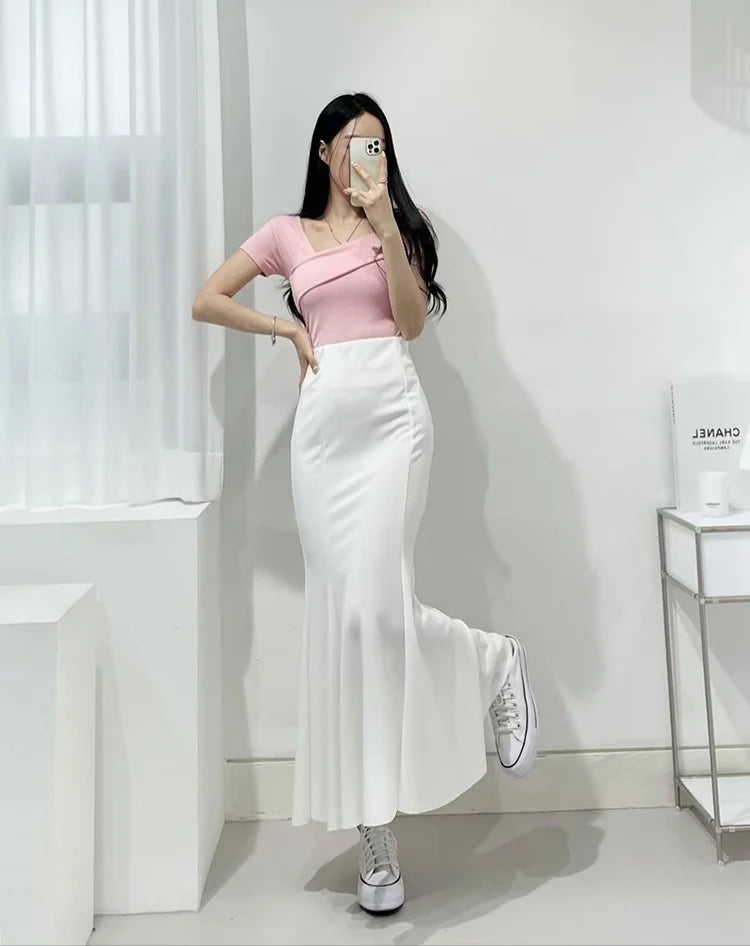 Slim Fit Short Sleeve T-Shirt Women's Summer Sexy Pure Desire Diagonal Collar Flip  Korean Style Commute Pure Color Top