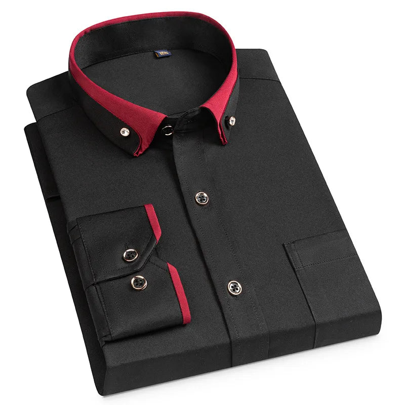For Men'S Business Dress Shirts Male Formal Button-Down Social Collar Camisa Social Elastic Anti-Wrinkle Casual Men Shirt Pocket