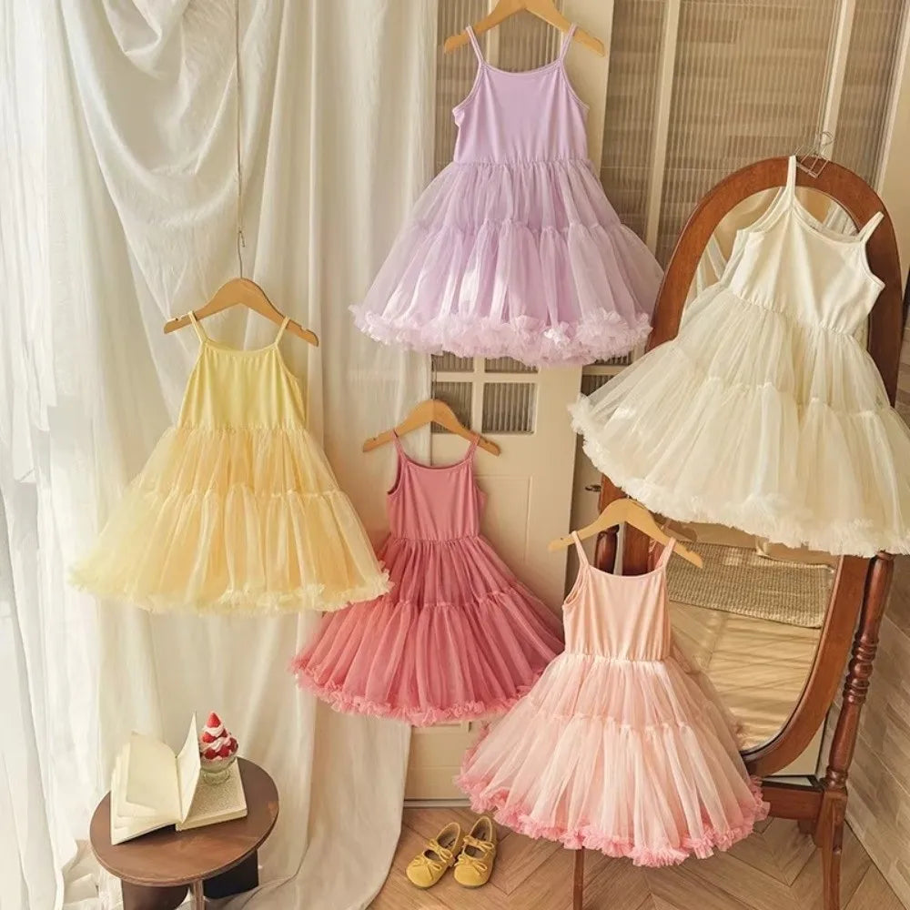 Summer Girls' Ballet TuTu Dress Sleeveless Breathable Kids Dancing Party Dress Soft Princess Wedding Dress Performance Costume