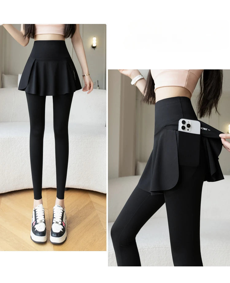 Women Fake Two Pieces Leggings Seamless Fitness Leggings High Waist with Pocket Elastic Slim Fashion Hip Liftting Yoga Pants