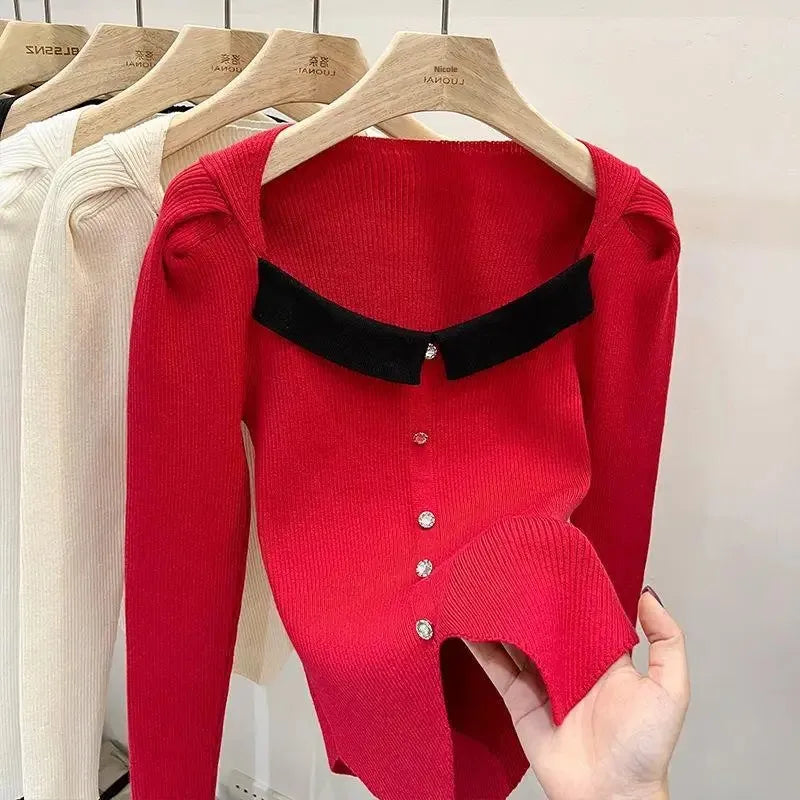 Women's Knitted Short Sweater Square Collar Base Shirt Color Collision Design Sensation Autumn Winter Special Edition Top