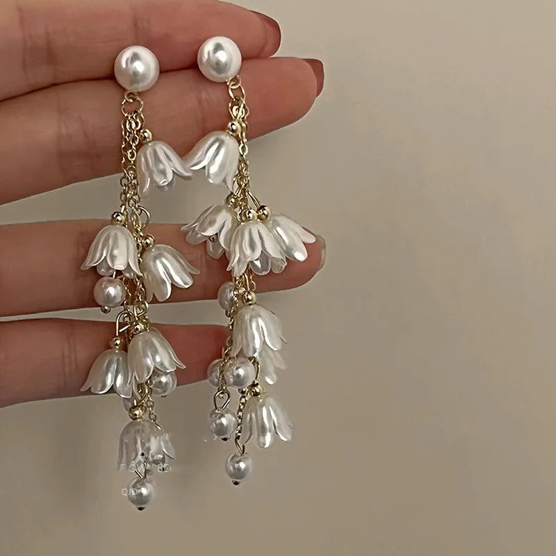 Korean Fashion Style Pearl Long Tassel Clip on Earrings for Women Simple Temperament Long Chain Non-piercing Ears Clip Earrings