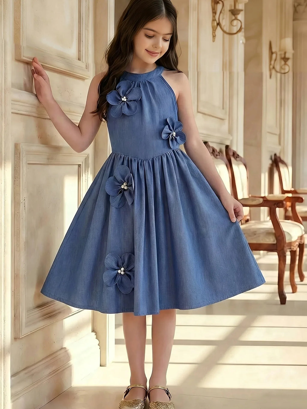 Kids Girls Sleeveless Halter Dress 3D Pearl Floral Applique Denim A‑Line Midi Dress 4‑12 Years Old for Wedding Guest Birthday Party